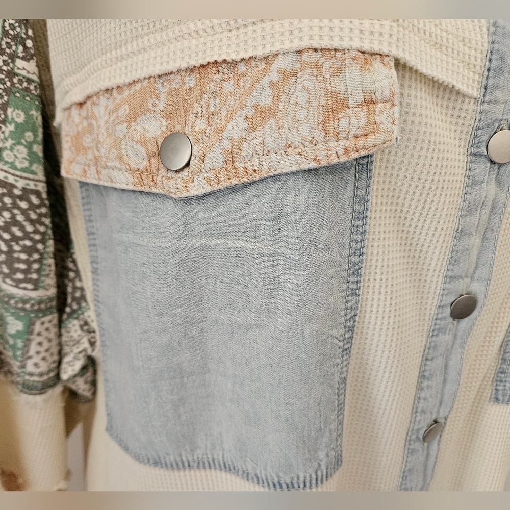 POL Patchwork Denim Shirt/Jacket Blue Ivory Sz L - Picture 7 of 12